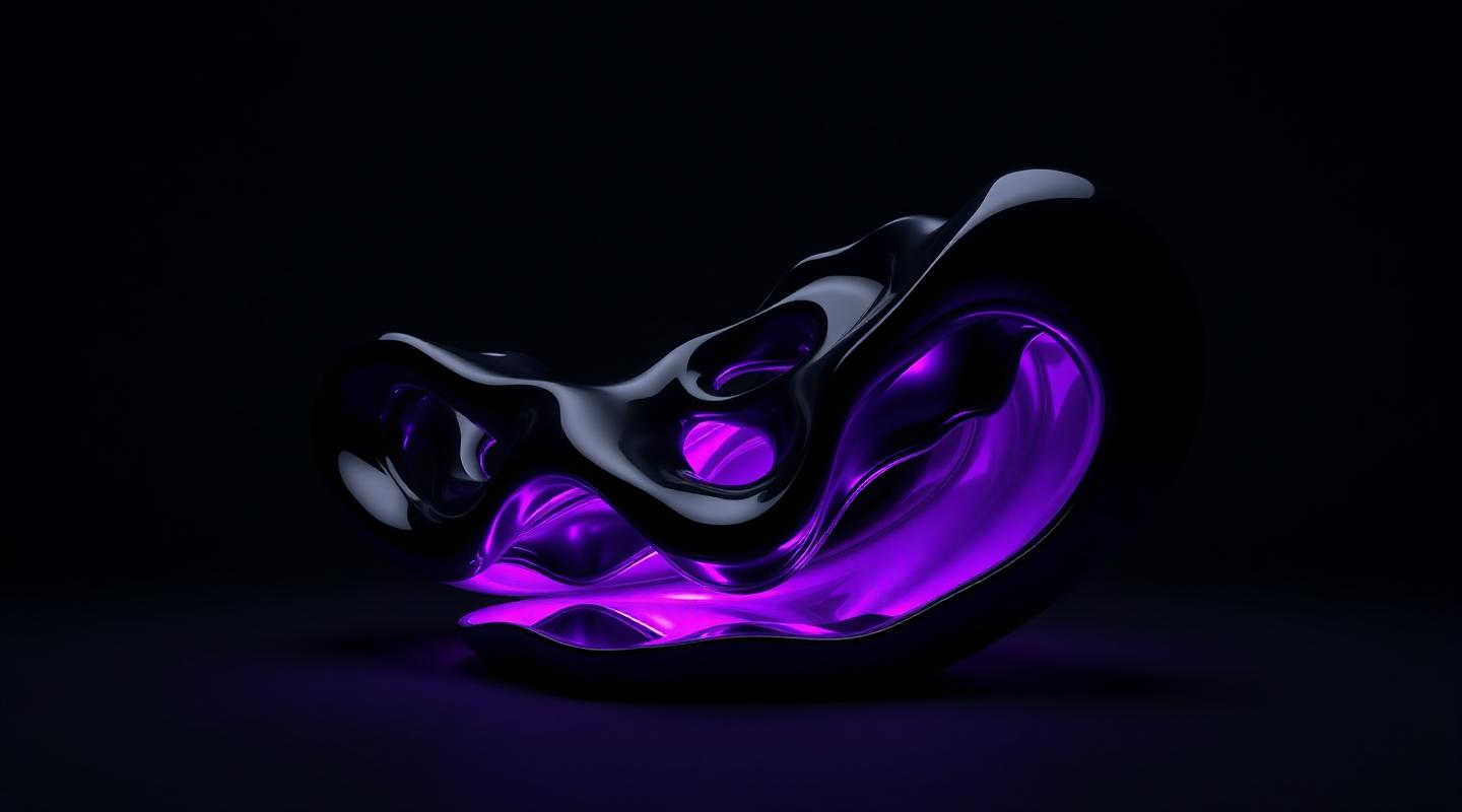 Abstract obsidian sculpture lit by violet light